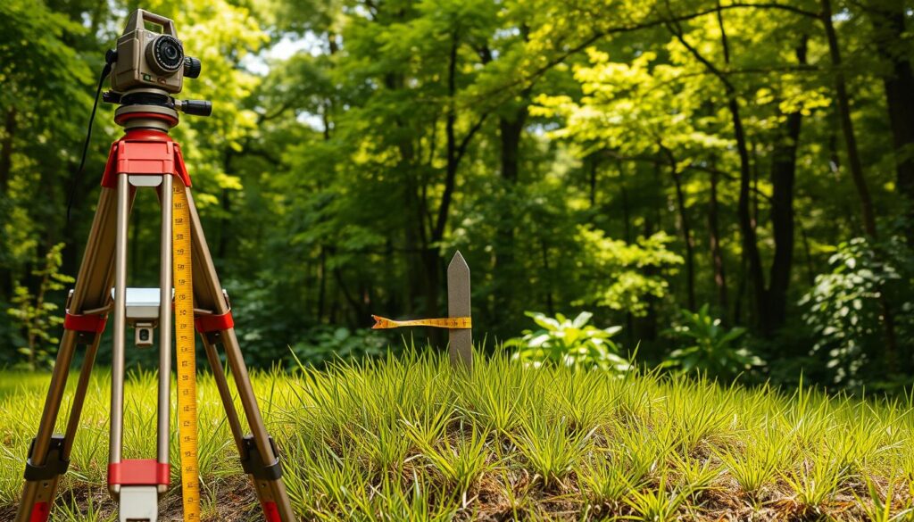A surveyor's tools against a backdrop of lush, verdant foliage. In the foreground, a surveyor's tripod, compass, and measuring tape stand at the ready. In the middle ground, a survey marker juts from the earth, surrounded by carefully manicured grass. The background features a dense, verdant forest, with sunlight filtering through the canopy, casting a warm, natural glow over the scene. The overall atmosphere is one of precision, diligence, and the harmonious integration of human activities with the natural environment.