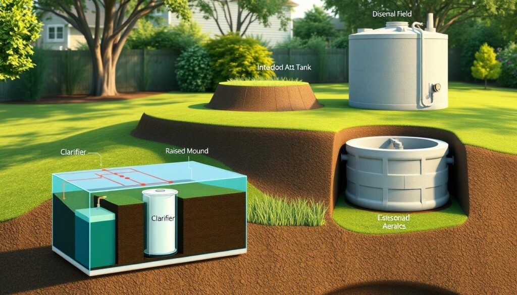 A technical illustration showcasing various types of residential wastewater treatment systems. In the foreground, a cutaway view of a compact underground septic tank with a clarifier and aerobic treatment chambers. In the middle ground, a raised mound system with a dispersal field. In the background, a larger in-ground concrete tank with a mechanical aeration system. The scene is illuminated by soft, diffused natural lighting, emphasizing the engineering details and functionality of each system. The image conveys a sense of environmental responsibility and sustainable living.