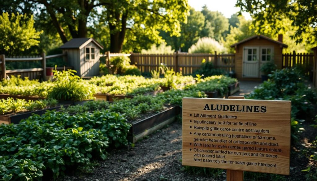 A tranquil allotment garden (ROD) with lush vegetation, a rustic wooden fence, and a quaint garden shed. Sunlight filters through the trees, casting a warm glow over the neatly maintained plots. In the foreground, a wooden sign outlines the guidelines for using the garden, its text legible but not overpowering the overall scene. The layout is balanced, with the sign positioned to draw the viewer's attention while allowing the natural elements to shine. The image conveys a sense of order, responsibility, and the joy of tending to one's own plot of land within a larger community garden.