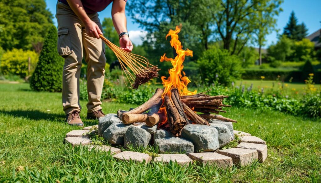 A tranquil garden scene on a sunny day, with a carefully constructed fire pit made of stones, surrounded by a semicircle of lush, green foliage. In the foreground, a person in casual attire is tending to a small, controlled fire, meticulously feeding it with dry, neatly stacked branches. The fire's flames dance gently, casting a warm, amber glow across the scene. The background is filled with a verdant landscape, with tall trees and a clear blue sky overhead, conveying a sense of safety and natural harmony. The overall composition suggests a peaceful, well-thought-out process of responsibly burning garden waste in a manner that prioritizes both safety and environmental considerations. A tranquil garden scene on a sunny day, with a carefully constructed fire pit made of stones, surrounded by a semicircle of lush, green foliage. In the foreground, a person in casual attire is tending to a small, controlled fire, meticulously feeding it with dry, neatly stacked branches. The fire's flames dance gently, casting a warm, amber glow across the scene. The background is filled with a verdant landscape, with tall trees and a clear blue sky overhead, conveying a sense of safety and natural harmony. The overall composition suggests a peaceful, well-thought-out process of responsibly burning garden waste in a manner that prioritizes both safety and environmental considerations.