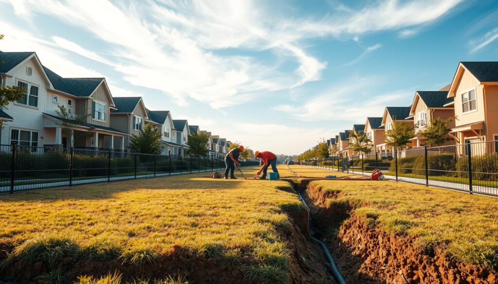 A tranquil residential neighborhood, with well-maintained houses and lush greenery. In the foreground, a neatly fenced plot of land, its pristine condition and level surface suggesting its readiness for development. The middle ground features a trio of construction workers, using a variety of power tools and hand implements to install underground utility lines, the trench they've dug revealing the importance of proper infrastructure. In the background, a clear blue sky with wispy clouds, conveying a sense of progress and potential. Warm, golden lighting bathes the scene, creating a welcoming and serene atmosphere. This image emphasizes the significance of preparing a plot for habitation, highlighting the necessity of essential utilities and the care taken to ensure a successful building project. A tranquil residential neighborhood, with well-maintained houses and lush greenery. In the foreground, a neatly fenced plot of land, its pristine condition and level surface suggesting its readiness for development. The middle ground features a trio of construction workers, using a variety of power tools and hand implements to install underground utility lines, the trench they've dug revealing the importance of proper infrastructure. In the background, a clear blue sky with wispy clouds, conveying a sense of progress and potential. Warm, golden lighting bathes the scene, creating a welcoming and serene atmosphere. This image emphasizes the significance of preparing a plot for habitation, highlighting the necessity of essential utilities and the care taken to ensure a successful building project.