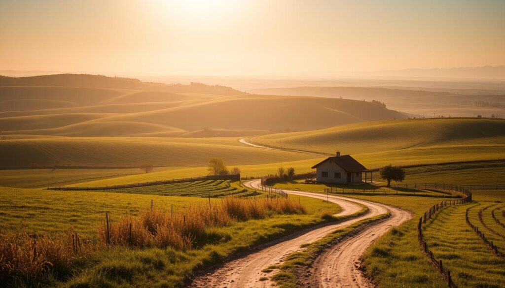 A vast agricultural landscape, with a small rural house nestled among rolling hills and verdant fields. The sun casts a warm, golden glow, illuminating the scene with a sense of tranquility. In the foreground, a dirt road winds through the property, inviting the viewer to explore the intricacies of the legal regulations surrounding construction on agricultural land. The middle ground features a well-tended garden, hinting at the potential for sustainable living within the constraints of the law. In the background, a hint of distant mountains adds to the serene, pastoral atmosphere. The overall composition conveys a thoughtful balance between the natural environment and the built world, reflecting the nuances of the "Czy można budować na działce rolnej – przepisy i wyjątki" section.