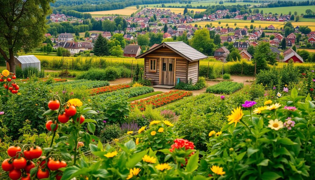 A vibrant, idyllic scene of a family allotment garden (działka rodzinna), showcasing the essence of this traditional Polish land division. In the foreground, a well-tended vegetable patch bursts with lush greens, ripe tomatoes, and colorful flowers. In the middle ground, a cozy wooden garden shed nestled among neatly arranged rows of crops, suggesting the active involvement of the plot's owners. The background reveals a patchwork of neighboring allotments, each with its own unique character, surrounded by a lush, verdant landscape. Soft, warm lighting bathes the scene, evoking a sense of tranquility and community. The composition captures the harmonious relationship between nature, family, and the traditional concept of the działka rodzinna. A vibrant, idyllic scene of a family allotment garden (działka rodzinna), showcasing the essence of this traditional Polish land division. In the foreground, a well-tended vegetable patch bursts with lush greens, ripe tomatoes, and colorful flowers. In the middle ground, a cozy wooden garden shed nestled among neatly arranged rows of crops, suggesting the active involvement of the plot's owners. The background reveals a patchwork of neighboring allotments, each with its own unique character, surrounded by a lush, verdant landscape. Soft, warm lighting bathes the scene, evoking a sense of tranquility and community. The composition captures the harmonious relationship between nature, family, and the traditional concept of the działka rodzinna.