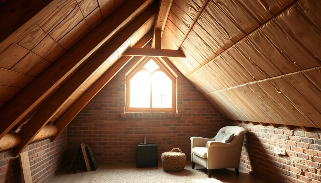 A warm and cozy attic interior in an old, rustic house. The wooden beams and exposed brick walls create a charming, traditional atmosphere. Sunlight streams in through a large, dormer window, casting a soft, golden glow throughout the space. Thick, high-quality insulation panels are neatly installed along the slanted ceiling, blending seamlessly with the rustic decor. The room is furnished with a comfortable armchair, a small side table, and a plush rug, inviting the viewer to imagine curling up in this peaceful, insulated retreat. The overall scene conveys a sense of comfort, energy efficiency, and preservation of the building's historic character.