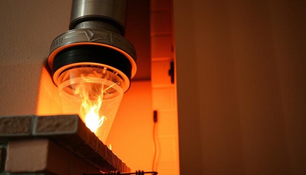 A warm and cozy interior shot of a chimney being insulated with high-quality thermal material. The foreground features the chimney stack, with close attention to the textural details of the insulation being carefully applied. The middle ground showcases the surrounding masonry and architectural features, bathed in soft, diffuse lighting that enhances the sense of comfort and efficiency. The background gently fades into a muted, neutral palette, creating a harmonious and inviting atmosphere. The overall composition conveys the importance of proper chimney insulation to prevent heat loss and condensation, as per the article's subject and section title.