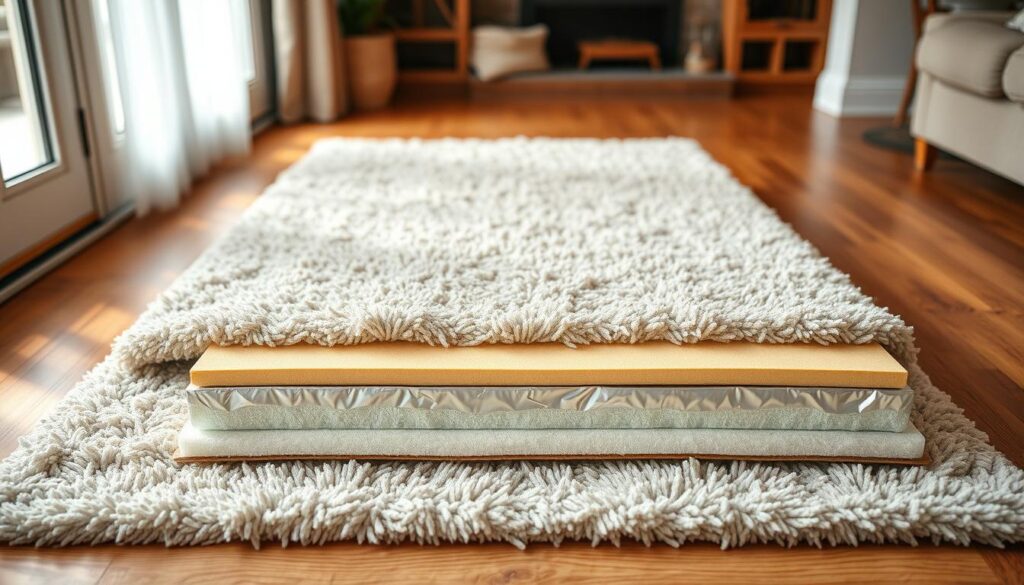 A warm, well-insulated floor in a cozy, inviting living room. The hardwood surface is layered with a thick, plush area rug, its fibers softening the step. Beneath, a cross-section reveals multiple insulation materials - high-density foam, reflective foil, and thermal panels - forming an effective thermal barrier. Soft, indirect lighting filters through the space, casting a gentle glow and creating a sense of comfort and relaxation. The overall scene conveys the importance of proper floor insulation in maintaining a comfortable, energy-efficient indoor environment.