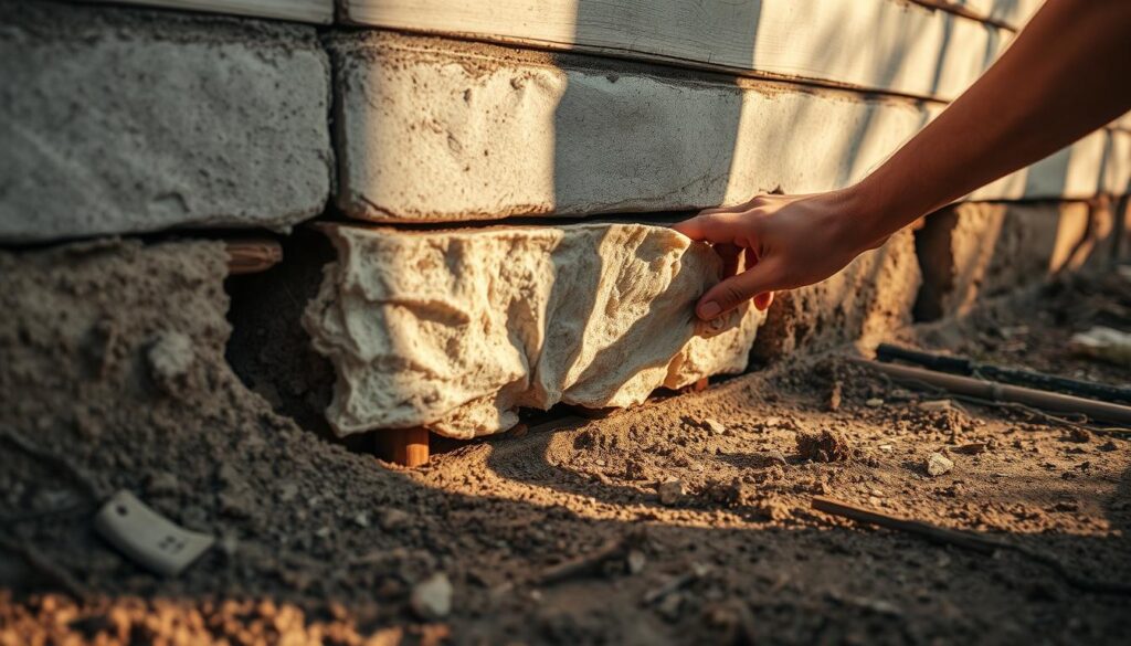 A weathered concrete foundation of an old house, partially exposed and in need of insulation. The ground around it is covered in dirt and debris, suggesting it has been neglected. In the foreground, a worker's hands are applying a layer of insulation material to the foundation, carefully sealing gaps and cracks. Warm sunlight filters through the scene, casting soft shadows and highlighting the textures of the concrete and insulation. The overall mood is one of a practical, hands-on home renovation project, with a focus on improving the energy efficiency and longevity of the building's structural foundation.