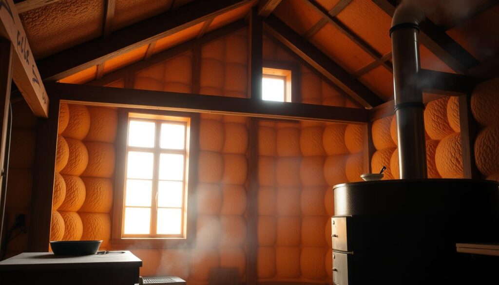 A well-insulated and thermally efficient smokehouse, with thick walls constructed from high-quality, heat-retaining materials. The interior is bathed in a warm, golden glow, as sunlight filters through strategically placed windows. Sturdy timber frames support the structure, while a robust chimney stack rises above the roofline, channeling smoke and heat. Carefully positioned heating elements maintain a consistent temperature, ensuring an optimal environment for the smoking process. The overall design strikes a balance between functionality and rustic charm, creating a harmonious and inviting workspace for the artisanal food-smoking craft.