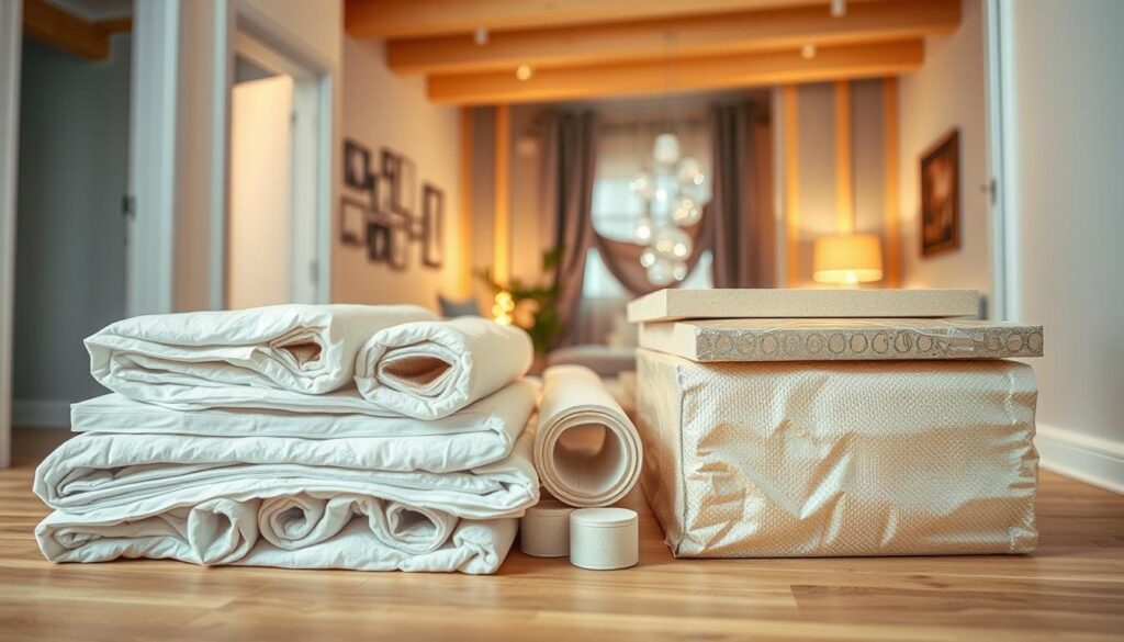 A well-insulated apartment interior with a focus on various thermal insulation materials. The foreground showcases a range of insulation products, such as fiberglass rolls, foam boards, and reflective foil panels, arranged neatly on a wooden surface. The middle ground features a partially exposed interior wall, revealing the application of the insulation materials. The background depicts a cozy, softly lit living space, with warm lighting and hints of furniture, conveying a sense of comfort and energy efficiency. The overall composition emphasizes the importance of effective insulation solutions for improving the thermal comfort and energy performance of residential spaces. A well-insulated apartment interior with a focus on various thermal insulation materials. The foreground showcases a range of insulation products, such as fiberglass rolls, foam boards, and reflective foil panels, arranged neatly on a wooden surface. The middle ground features a partially exposed interior wall, revealing the application of the insulation materials. The background depicts a cozy, softly lit living space, with warm lighting and hints of furniture, conveying a sense of comfort and energy efficiency. The overall composition emphasizes the importance of effective insulation solutions for improving the thermal comfort and energy performance of residential spaces.