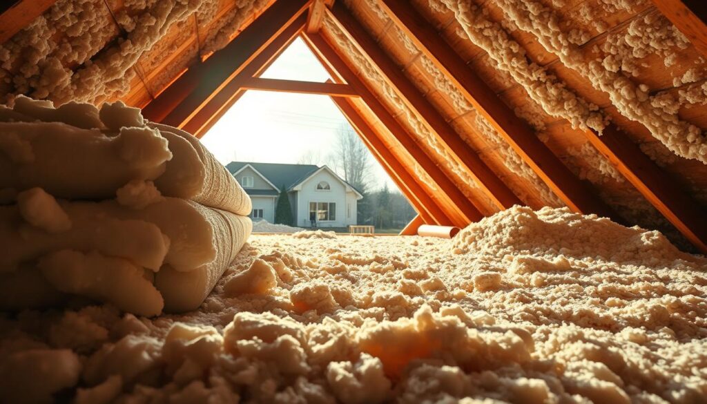 A well-insulated attic bathed in warm, soft lighting. In the foreground, a selection of high-quality insulation materials - fluffy fiberglass batting, rigid foam boards, and dense cellulose blown-in insulation. The middle ground showcases a cozy, inviting attic space, its wooden beams and rafters visible. In the background, a view of the home's exterior, with a clear sky and a few wispy clouds, conveying a sense of comfort and energy efficiency. The overall atmosphere is one of thoughtful consideration for the best insulation solutions to reduce heat loss and prevent moisture buildup, creating a harmonious and practical living environment.