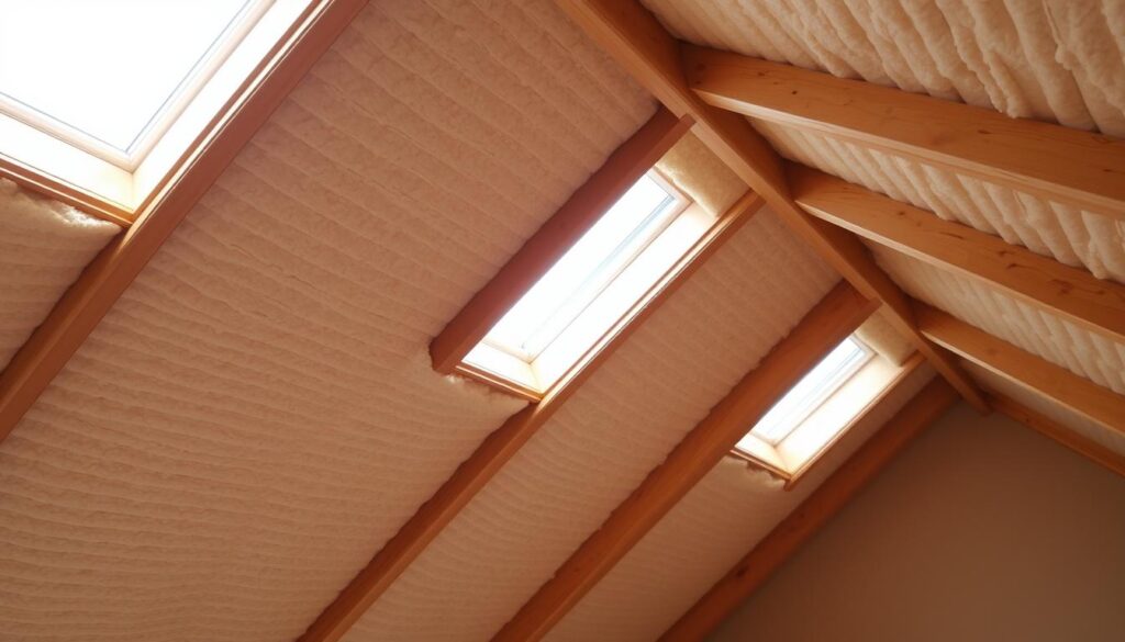 A well-insulated attic ceiling in a cozy home, illuminated by soft natural light streaming through skylights. The insulation material, perhaps rigid foam or blown-in cellulose, fills the spaces between the wooden beams, ensuring efficient thermal protection. The scene conveys a sense of warmth, comfort, and energy-efficiency, highlighting the importance of proper attic insulation for improving the thermal comfort of a lived-in space.