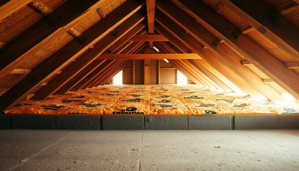 A well-insulated attic ceiling, the focal point of the scene. A concrete slab forms the foundation, with insulation materials carefully layered atop. Warm, natural lighting filters in, casting a cozy glow on the space. Textured insulation panels, their patterns and tones complementing the concrete's grittiness, fill the middle ground. In the background, a glimpse of the attic's wooden beams and rafters, hinting at the structure's robust construction. An atmosphere of thoughtful, practical home improvement, where functionality and comfort harmonize seamlessly.
