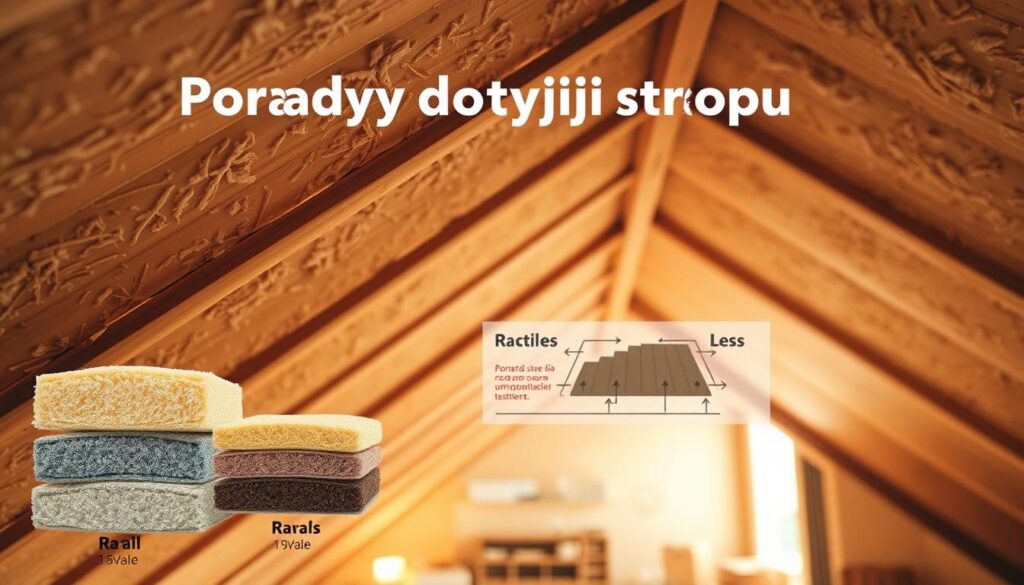 A well-insulated attic ceiling, with a warm, earthy tone and a subtle textural quality. In the foreground, high-resolution cross-sections of different insulation materials, their properties and R-values clearly visible. In the middle ground, a technical diagram showcasing proper installation techniques, with labeled arrows and callouts. The background features a softly blurred architectural interior, hinting at the cozy, energy-efficient living spaces above. Warm, natural lighting casts gentle shadows, evoking a sense of comfort and practicality. The overall composition is clean, informative and visually engaging, reflecting the technical expertise and practical guidance of the "Porady dotyczące izolacji stropu" section.