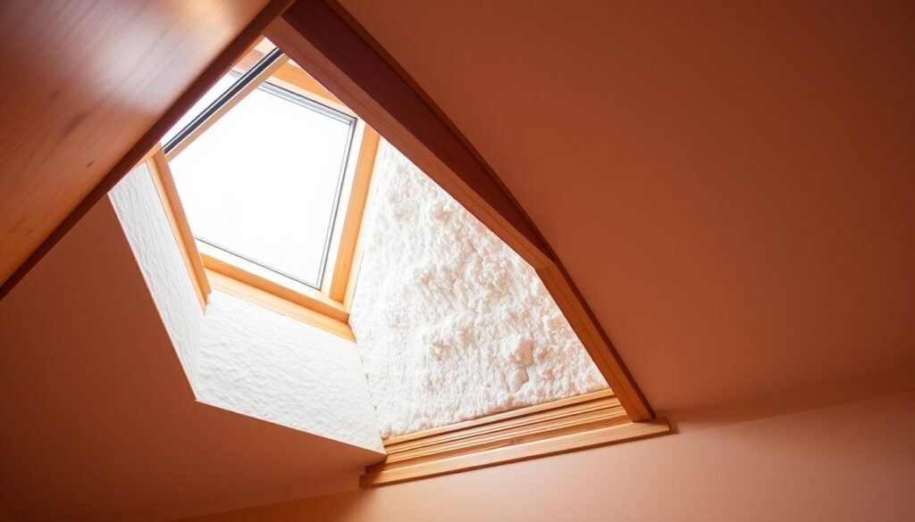 A well-insulated attic hatch, illuminated by warm, natural light filtering through a window. The hatch is made of solid wood, with a weatherstripped frame that seals tightly against the surrounding ceiling. Spray foam insulation covers the hatch's interior, creating an effective barrier against heat loss. The hatch is positioned flush with the ceiling, blending seamlessly into the clean, modern design of the room. The overall scene conveys a sense of energy efficiency and thermal comfort, ideal for keeping the warmth in and the cold out.