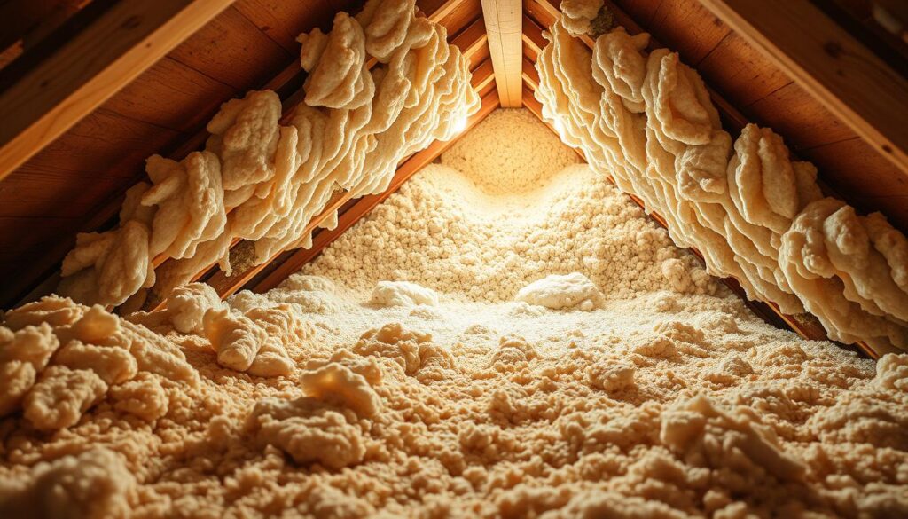 A well-insulated attic with a variety of eco-friendly insulation materials, including natural wool, recycled cellulose, and plant-based rigid boards. Warm lighting casts a cozy glow, highlighting the textured surfaces and warm tones of the sustainable insulation options. The scene conveys a sense of environmental responsibility and energy efficiency, showcasing the practical and sustainable solutions for improved thermal performance in the home. A well-insulated attic with a variety of eco-friendly insulation materials, including natural wool, recycled cellulose, and plant-based rigid boards. Warm lighting casts a cozy glow, highlighting the textured surfaces and warm tones of the sustainable insulation options. The scene conveys a sense of environmental responsibility and energy efficiency, showcasing the practical and sustainable solutions for improved thermal performance in the home.