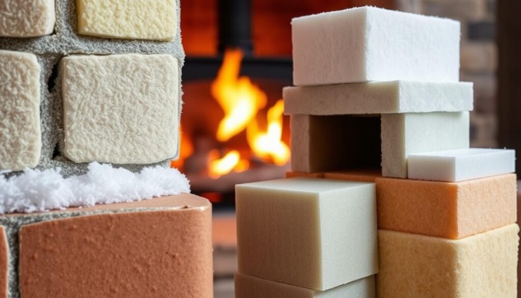 A well-insulated chimney with various thermal insulation materials in the foreground, including mineral wool, fiberglass, and foam blocks. The middle ground showcases a partially disassembled chimney structure, revealing the different insulation layers. In the background, a warm, cozy interior with a fireplace emitting a gentle glow, highlighting the importance of proper chimney insulation to prevent heat loss and condensation. The lighting is soft and diffused, creating a harmonious and informative visual representation of the subject matter.