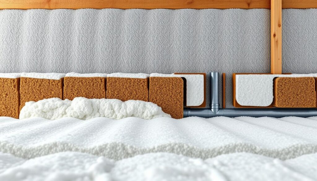 A well-insulated foundation, protected from moisture and cold, stands as the solid base for an energy-efficient home. In the foreground, showcase a range of high-performance insulation materials - rigid foam boards, extruded polystyrene, and closed-cell spray foam - each offering exceptional thermal resistance and moisture barriers. In the middle ground, depict the careful installation of these materials, ensuring seamless coverage and proper sealing around pipes and foundations. In the background, a cutaway view reveals the intricate network of drainage systems and waterproofing membranes that safeguard the foundation from the elements. Capture the scene with a crisp, clean, and well-lit photographic style that emphasizes the technical precision and practical benefits of these effective insulation solutions.