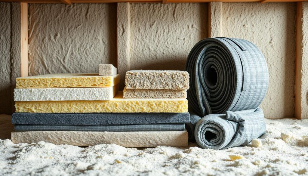 A well-insulated foundation with an array of high-quality insulation materials, showcased in an artful arrangement. Crisp, cool daylight illuminates the scene, highlighting the diverse textures and tones - rigid foam boards, flexible mineral wool mats, and durable waterproof membranes. The materials are neatly stacked and organized, conveying a sense of practicality and professionalism. The background features a soft, blurred gradient, keeping the focus squarely on the insulation products themselves. This image aims to visually communicate the importance of proper foundation insulation, and the wide range of effective solutions available to the reader.