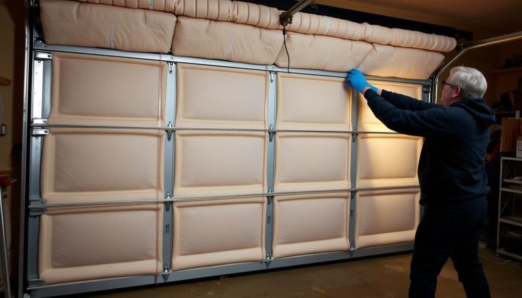 A well-insulated garage door, its panels meticulously measured and cut, being carefully fitted with high-quality insulation material. The process unfolding step by step, with precision and attention to detail. Gloved hands delicately sealing gaps and crevices, ensuring a seamless, airtight barrier against the elements. Warm lighting casts a soft glow, illuminating the intricate workmanship as the project nears completion. The finished door stands as a testament to the homeowner's dedication to improving energy efficiency and creating a more comfortable, cost-effective garage environment.