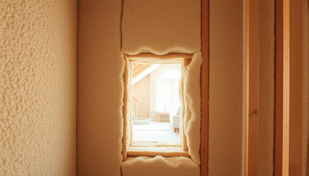 A well-insulated interior wall, bathed in warm, natural lighting. In the foreground, textured mineral wool insulation panels are neatly installed, their clean, off-white hues complementing the neutral tones of the surrounding drywall. The midground reveals the intricate cross-section of the wall assembly, showcasing the seamless integration of the insulation material between wooden studs. In the background, a hint of a cozy, inviting living space comes into view, emphasizing the comfort and energy efficiency achieved through this insulation technique. The overall scene conveys a sense of attention to detail, quality craftsmanship, and a commitment to sustainable, thermally-optimized home design.