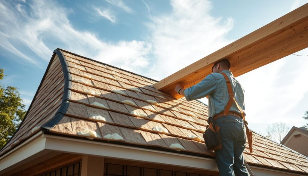 A well-insulated roof in a cozy suburban home, with a skilled contractor meticulously installing high-quality insulation materials. The crisp, clear morning sunlight filters through wispy clouds, illuminating the process step-by-step. Detailed shots showcase the contractor carefully measuring, cutting, and sealing the insulation panels, ensuring a tight, efficient fit. The camera angles highlight the layers of the roof structure, from the sturdy frame to the protective shingles above. The overall scene conveys a sense of diligence, expertise, and the importance of proper insulation for energy efficiency and cost-savings.