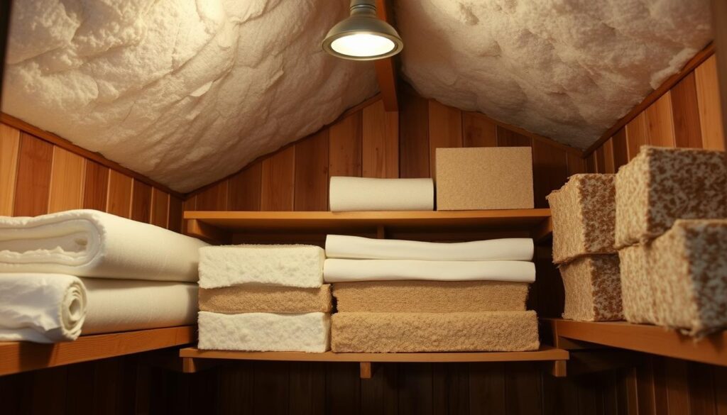 A well-insulated smokehouse interior, with an array of high-quality insulation materials neatly arranged on wooden shelves. Soft, diffused lighting from overhead fixtures casts a warm, cozy ambiance. The insulation options include thick rolls of fiberglass batting, rigid foam panels, and mineral wool batts, all in neutral earth tones to complement the rustic setting. The materials are displayed with care, inviting the viewer to imagine how they could effectively trap heat and maintain the ideal temperature for the smoking process. A sense of craftsmanship and attention to detail pervades the scene, reflecting the importance of proper insulation in creating the perfect smoked goods.