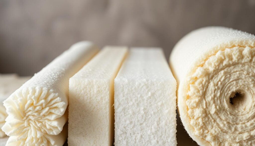 A well-lit close-up view of various insulation materials arranged in a row, including fiberglass batts, rigid polystyrene foam panels, and mineral wool rolls. The materials are displayed against a neutral, slightly blurred background to focus attention on their distinct textures, densities, and colors. The scene conveys a sense of precision and attention to detail, highlighting the technical aspects of insulation choices for a home's attic or roof space.