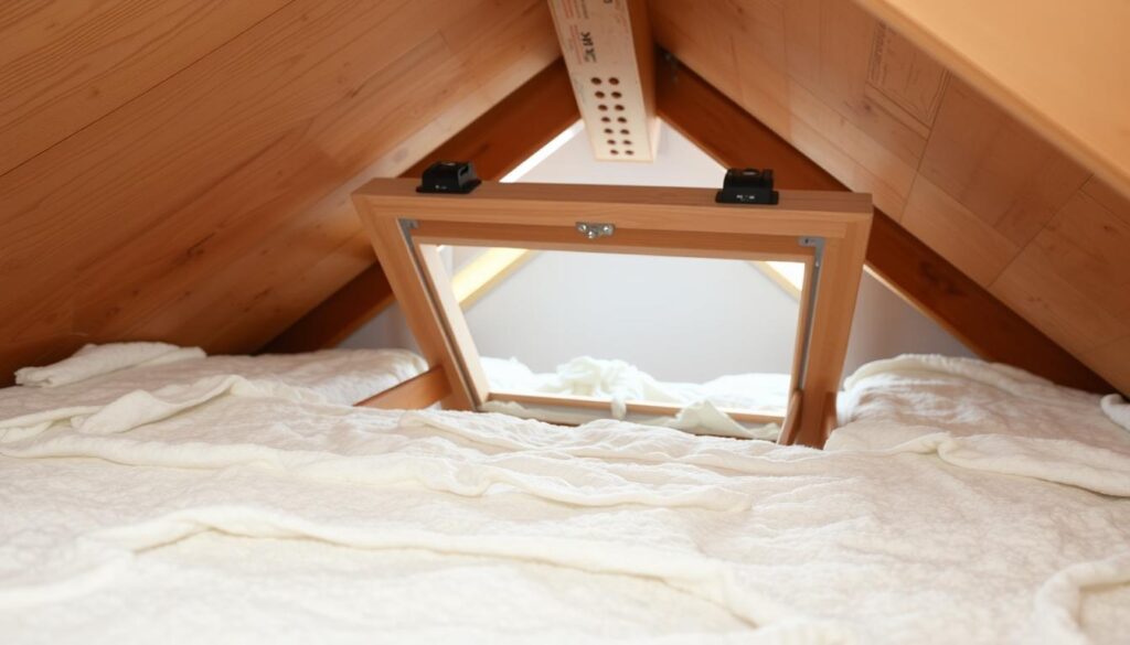 A well-lit, detailed close-up view of a residential attic hatch or access panel, showcasing the insulation materials used to improve its thermal efficiency. The hatch is made of wood, with visible seams and hinges. The foreground features neatly arranged insulation pieces, such as fiberglass batts or rigid foam boards, highlighting the process of properly sealing and insulating the attic entry point. The mid-ground displays the hatch frame and surrounding ceiling area, while the background subtly suggests the interior of the attic space. The overall composition conveys a sense of practicality and attention to energy-saving home improvement, suitable for illustrating a cost-focused guide on insulating attic hatches.