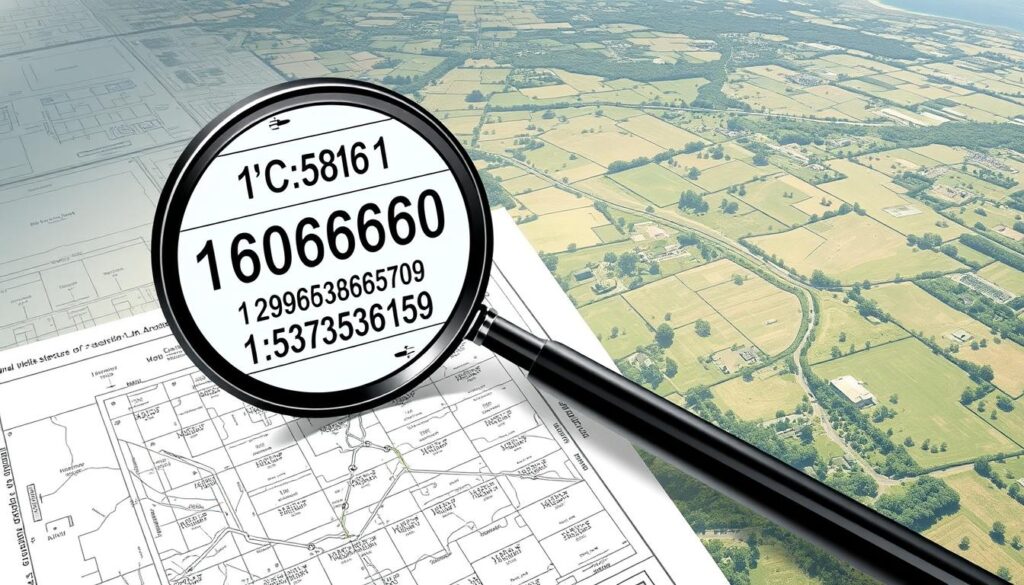 A well-lit, high-resolution illustration showcasing a cadastral land parcel identifier. The foreground features a magnifying glass hovering over a detailed plot diagram, highlighting the unique numerical and alphanumeric codes that define the property's legal identification. The mid-ground depicts a surveyor's map with a grid of labeled land parcels, while the background blends an aerial view of the landscape with a blueprint-style schematic. The overall composition conveys a sense of precision, organization, and the importance of accurately identifying one's land through this official identification system.