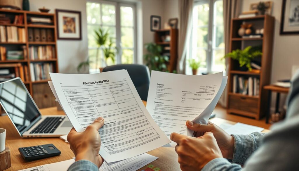 A well-lit, high-resolution image of a person reviewing financial documents related to the sale of an allotment garden plot (działka ROD). The foreground features the person's hands holding paperwork, such as tax forms, real estate contracts, and payment receipts. The middle ground shows a desk or table with a laptop, calculator, and other office supplies. The background depicts a cozy, home office setting with bookshelves, framed artwork, and a window overlooking a lush garden. The overall mood is one of diligence and attention to detail, with a sense of professionalism and care for the financial aspects of the property transaction.