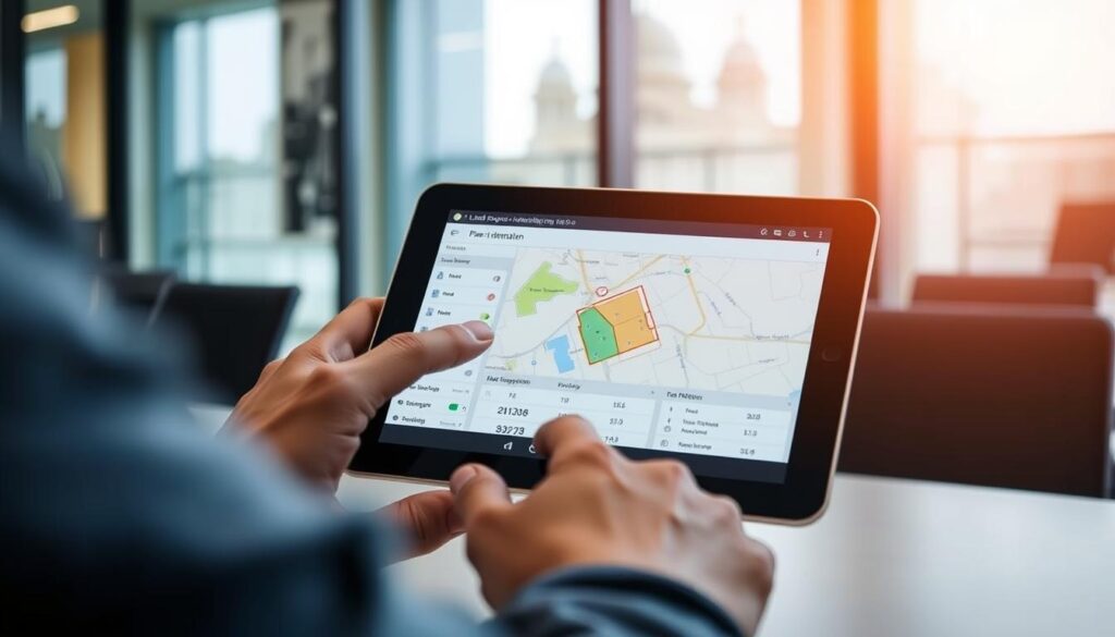 A well-lit, high-resolution image of a person searching for land parcel identification on a tablet or computer screen. The foreground shows their hands operating the device, the middle ground displays a map or land registry interface, and the background depicts an office or government building setting. The image conveys a sense of concentration and problem-solving, with a clean, professional aesthetic that aligns with the article's informative tone.
