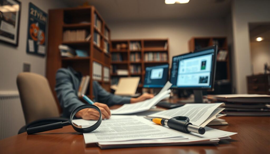 A well-lit office scene, with a person sitting at a desk intently studying documents and digital displays. The foreground features a magnifying glass, highlighter, and notes spread out, conveying the idea of careful verification of information. The middle ground shows a desktop computer with multiple windows open, suggesting online research. In the background, bookcases and filing cabinets hint at the depth of resources available. Warm, focused lighting and a subtle depth of field create an atmosphere of diligent, methodical investigation. A well-lit office scene, with a person sitting at a desk intently studying documents and digital displays. The foreground features a magnifying glass, highlighter, and notes spread out, conveying the idea of careful verification of information. The middle ground shows a desktop computer with multiple windows open, suggesting online research. In the background, bookcases and filing cabinets hint at the depth of resources available. Warm, focused lighting and a subtle depth of field create an atmosphere of diligent, methodical investigation.