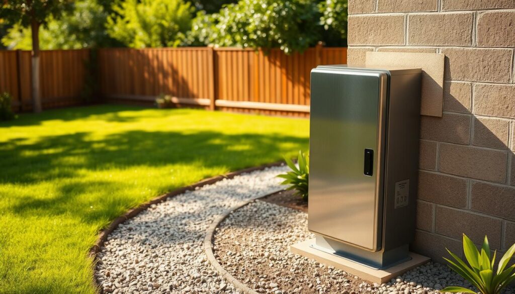 A well-lit outdoor scene depicting a newly installed electrical box on a residential plot. The box is positioned prominently in the foreground, its metallic surface gleaming under the warm sunlight. The middle ground features a lush, manicured lawn and a gravel path leading to the box. In the background, a wooden fence and verdant foliage create a sense of privacy and tranquility. The overall composition conveys a sense of order, functionality, and attention to detail, reflecting the care and consideration put into the installation of this essential electrical infrastructure.