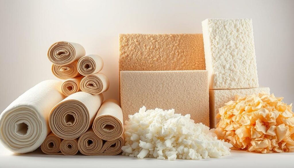 A well-lit studio setting showcasing an array of insulation materials, including fiberglass rolls, rigid foam boards, and blown-in cellulose. The materials are arranged in a visually appealing manner, with different textures and colors creating a harmonious composition. The lighting is soft and diffused, highlighting the intricate details and thermal properties of each insulation option. The background is a clean, neutral backdrop that allows the materials to take center stage, inviting the viewer to closely examine and compare the different insulation solutions. The overall mood is informative and educational, conveying the importance of proper insulation for creating a warm and cozy wooden home during the winter.