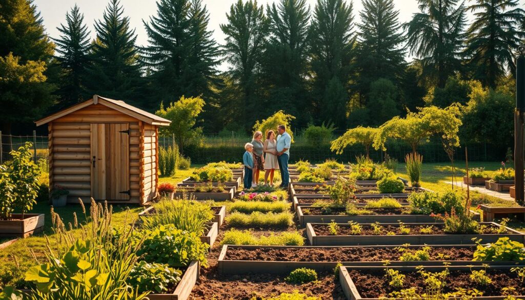 A well-manicured garden plot in a lush, verdant allotment (ROD) setting, with a quaint wooden shed in the foreground. The scene is bathed in warm, golden afternoon light, casting soft shadows across the neatly tended vegetable beds and flowering plants. In the middle ground, a family is gathered, discussing the acquisition of the plot, their expressions reflecting the excitement and pride of securing their own piece of this community gardening haven. In the background, a line of towering trees frames the scene, adding depth and a sense of tranquility to the composition. The overall atmosphere conveys the fulfillment and joy of establishing one's own cherished garden retreat within the ROD. A well-manicured garden plot in a lush, verdant allotment (ROD) setting, with a quaint wooden shed in the foreground. The scene is bathed in warm, golden afternoon light, casting soft shadows across the neatly tended vegetable beds and flowering plants. In the middle ground, a family is gathered, discussing the acquisition of the plot, their expressions reflecting the excitement and pride of securing their own piece of this community gardening haven. In the background, a line of towering trees frames the scene, adding depth and a sense of tranquility to the composition. The overall atmosphere conveys the fulfillment and joy of establishing one's own cherished garden retreat within the ROD.