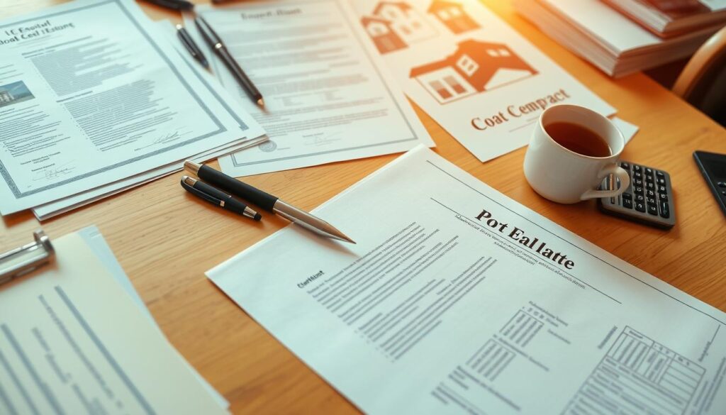 A well-organized office desk with various real estate-related documents, contracts, and certificates neatly arranged. A pen, calculator, and a cup of coffee add a sense of professionalism. Warm, natural lighting illuminates the scene, creating a productive and focused atmosphere. The arrangement of the documents suggests attention to detail and thoroughness in the home-buying process. The overall composition conveys a sense of preparation and diligence in handling the required paperwork for purchasing a plot of land.