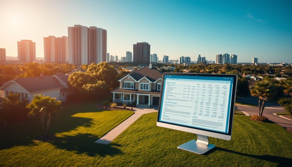 An aerial view of a residential property, with a well-manicured lawn and a two-story house in the middle ground. In the foreground, a computer monitor displays financial records and documents, casting a soft glow across the scene. The background features a cityscape, with tall buildings and a clear, blue sky. The lighting is warm and inviting, creating a sense of professionalism and attention to detail. The overall atmosphere conveys a sense of research and investigation, as if the viewer is examining the property's financial history and ownership status.