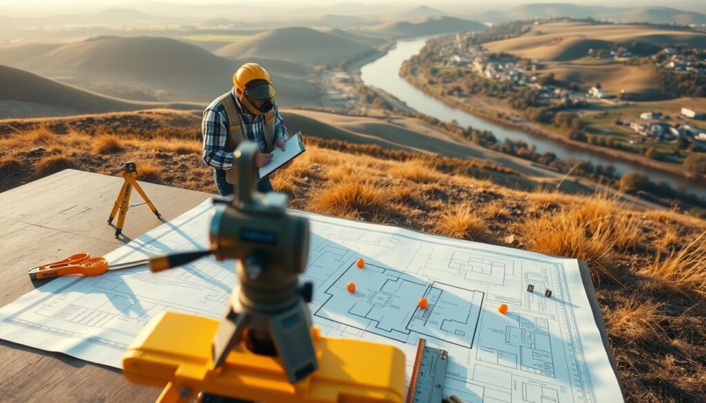 An aerial view of a surveyor's work on a plot of land, with a detailed blueprint spread out on a table. The foreground shows the surveyor's tools - a theodolite, measuring tape, and markers - arranged neatly. In the middle ground, the surveyor is shown carefully measuring the dimensions of the plot, noting down readings on a clipboard. The background depicts the surrounding landscape - rolling hills, a winding river, and a few buildings in the distance, all bathed in warm, golden afternoon light. The overall scene conveys a sense of precision, diligence, and the technical expertise involved in the land surveying process. An aerial view of a surveyor's work on a plot of land, with a detailed blueprint spread out on a table. The foreground shows the surveyor's tools - a theodolite, measuring tape, and markers - arranged neatly. In the middle ground, the surveyor is shown carefully measuring the dimensions of the plot, noting down readings on a clipboard. The background depicts the surrounding landscape - rolling hills, a winding river, and a few buildings in the distance, all bathed in warm, golden afternoon light. The overall scene conveys a sense of precision, diligence, and the technical expertise involved in the land surveying process.