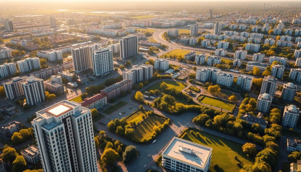 An aerial view of the most expensive residential land plots in Poland, showcasing the highest-priced parcels against the backdrop of a sprawling cityscape. Gleaming high-rise buildings and lush green spaces surround the prime real estate lots, bathed in warm, golden sunlight. The scene captures the exclusivity and desirability of these coveted development opportunities, hinting at the immense wealth and prestige associated with owning such prime properties in the heart of the country's thriving metropolitan areas.