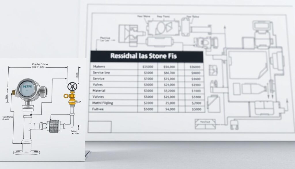 An architectural diagram depicting the cost breakdown of a natural gas connection for a residential property. In the foreground, a detailed schematic shows the various components and materials required, such as the meter, service line, and valves. The middle ground features a precise cost estimate table, itemizing the expenses for each element. In the background, a technical blueprint showcases the layout and dimensions of the overall gas installation. The lighting is crisp and technical, with a slight industrial tone, emphasizing the functional nature of the image. The perspective is angled to provide a comprehensive overview, capturing the full scope of the gas connection setup and its associated financial details.