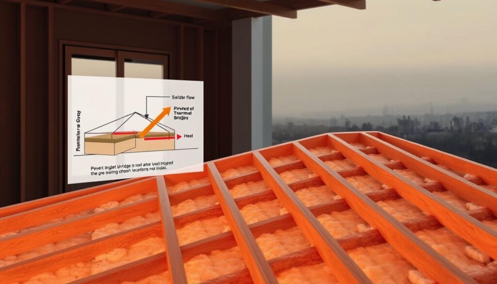 An atmospheric indoor scene depicting the importance of insulating roof plates to prevent thermal bridges. In the foreground, a warm-toned, softly lit cross-section of a roof assembly, showcasing the layers of insulation and framing. The middle ground features a diagram overlaid, illustrating the flow of heat and the impact of thermal bridges. In the background, a muted, contemplative cityscape visible through a window, hinting at the broader energy efficiency and sustainability considerations. The overall mood is one of thoughtful examination, conveying the significance of proper insulation for both individual homes and the larger urban environment.