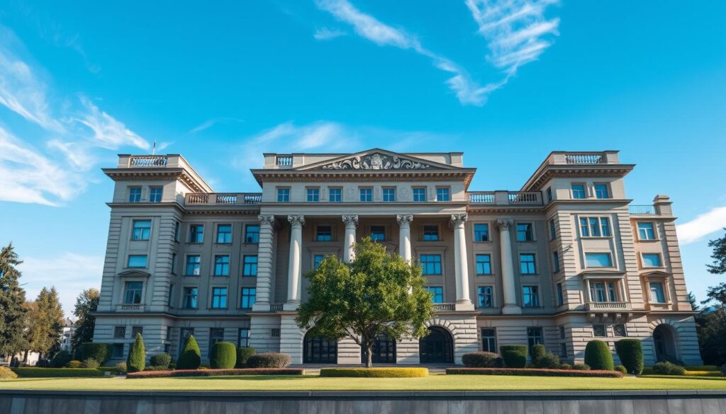 An imposing office building stands in the foreground, its facade adorned with intricate architectural details. The structure exudes an air of authority and bureaucracy, hinting at the importance of the decisions made within. In the middle ground, a well-manicured lawn and a carefully placed tree create a sense of order and formality. The sky above is a clear, crisp blue, with just a few wispy clouds drifting lazily across the frame. The overall scene conveys a sense of gravity and significance, reflecting the weight of the "decyzja o warunkach zabudowy" document that the image is meant to represent. An imposing office building stands in the foreground, its facade adorned with intricate architectural details. The structure exudes an air of authority and bureaucracy, hinting at the importance of the decisions made within. In the middle ground, a well-manicured lawn and a carefully placed tree create a sense of order and formality. The sky above is a clear, crisp blue, with just a few wispy clouds drifting lazily across the frame. The overall scene conveys a sense of gravity and significance, reflecting the weight of the "decyzja o warunkach zabudowy" document that the image is meant to represent.