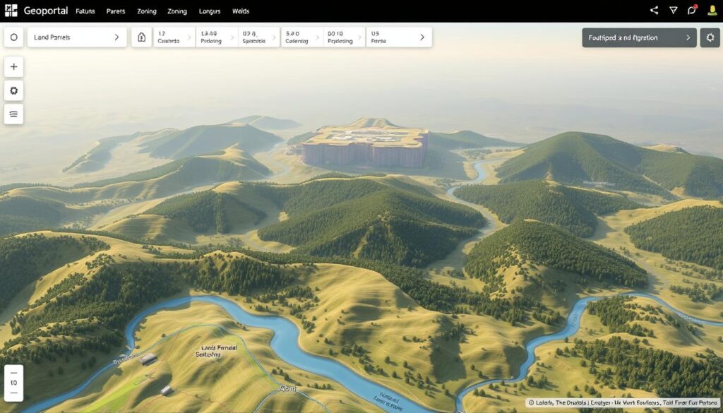 An interactive geoportal map, displaying a detailed landscape with rolling hills, lush forests, and winding rivers. The foreground features a responsive user interface, with intuitive navigation tools and interactive overlays that provide valuable information about land parcels, zoning, and infrastructure. The middle ground showcases the map's topographic features, rendered with a subtle color palette and soft lighting, creating a sense of depth and realism. In the background, a hazy horizon blends the natural scenery with the digital interface, seamlessly integrating the physical and virtual realms. The overall atmosphere conveys a sense of exploration and discovery, inviting the user to navigate and interact with the geospatial data.