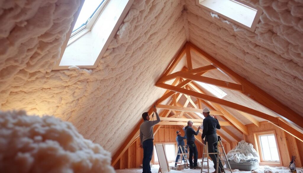 An interior scene of a cozy, well-insulated attic space. In the foreground, a section of the ceiling is exposed, revealing layers of insulation material like fiberglass batts or blown cellulose. Soft, diffused lighting from skylights above casts a warm, ambient glow. In the middle ground, construction workers are carefully installing additional insulation, using specialized tools and techniques. The background shows the exposed wooden beams and trusses of the attic structure, conveying a sense of the building's architecture. The overall mood is one of energy efficiency, thermal comfort, and professional craftsmanship.