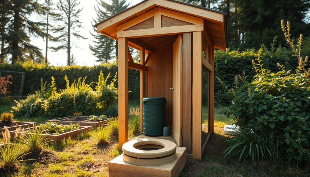An outdoor composting toilet on a rural allotment, surrounded by lush greenery and natural materials. The toilet structure features a simple, wooden frame with a slanted roof, blending seamlessly with the landscape. The foreground showcases the toilet seat and base, constructed from natural wood, while the middle ground reveals the surrounding garden beds and compost bin. In the background, tall trees and bushes create a serene, private atmosphere. Warm, natural lighting illuminates the scene, casting gentle shadows and highlighting the earthy tones of the materials used. The overall composition conveys a sense of sustainability, eco-friendliness, and integration with the natural environment. An outdoor composting toilet on a rural allotment, surrounded by lush greenery and natural materials. The toilet structure features a simple, wooden frame with a slanted roof, blending seamlessly with the landscape. The foreground showcases the toilet seat and base, constructed from natural wood, while the middle ground reveals the surrounding garden beds and compost bin. In the background, tall trees and bushes create a serene, private atmosphere. Warm, natural lighting illuminates the scene, casting gentle shadows and highlighting the earthy tones of the materials used. The overall composition conveys a sense of sustainability, eco-friendliness, and integration with the natural environment.