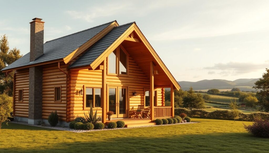 Detailed architectural rendering of a cozy wooden house, with a warm and inviting atmosphere. The foreground depicts the front facade, featuring a well-insulated wall system with high-performance windows and doors. The middle ground showcases the house's surroundings, with lush greenery and a well-maintained garden. In the background, a serene landscape with rolling hills and a clear sky create a picturesque setting. The lighting is soft and natural, casting a gentle glow on the wooden textures. The camera angle is set to showcase the house's proportions and architectural features, emphasizing the effectiveness of the insulation and energy-efficient design.
