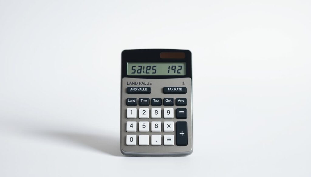 Detailed calculator showing the calculation of the sales tax on a land parcel, positioned prominently in the center against a clean, minimalist background. The interface displays key inputs such as land value, tax rate, and the resulting tax amount, with clear, legible typography. Soft, directional lighting casts subtle shadows, emphasizing the calculator's form and function. The overall mood is informative and practical, conveying a sense of financial diligence and responsible real estate transactions.