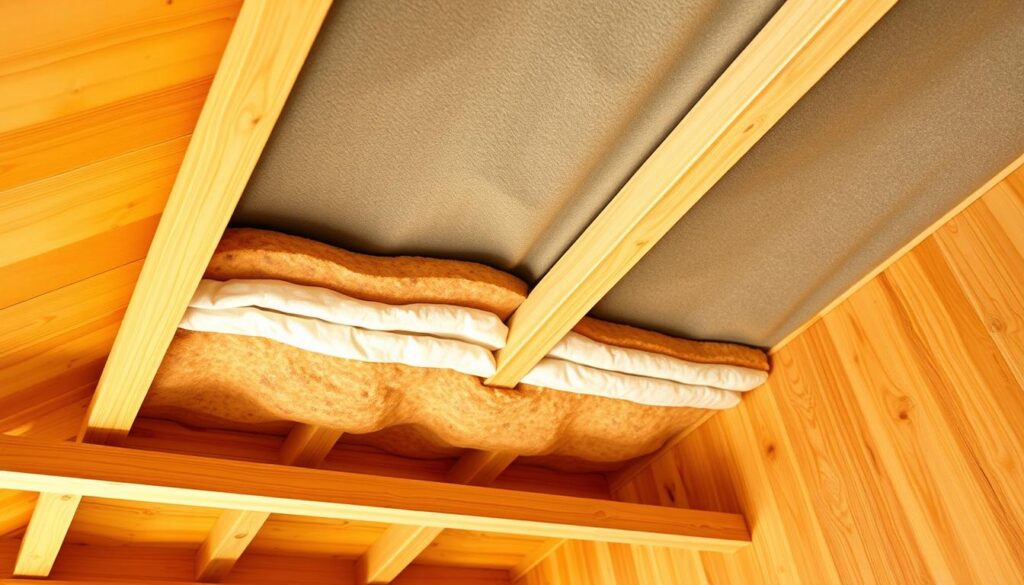 Detailed cross-section of a well-insulated wooden ceiling, showcasing the layers and materials used. In the foreground, the wooden beams and joists are prominently displayed, with a thick, high-quality insulation layer neatly installed between them. The middle ground features the vapor barrier and air sealing membranes, ensuring a tight thermal envelope. The background reveals the finished ceiling, with a smooth, seamless texture, creating a visually appealing and energy-efficient thermal barrier. Warm, natural lighting illuminates the scene, highlighting the material textures and emphasizing the importance of proper insulation for a cozy, energy-efficient wooden attic space.