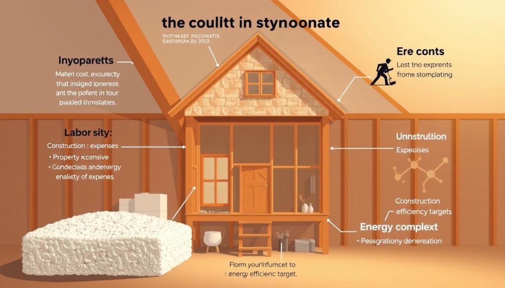 Detailed illustration of the key factors influencing the cost of home insulation with styrofoam. A clear, comprehensive visual representation depicting the essential variables such as material costs, labor expenses, property size, construction complexity, and energy efficiency targets. Crisp, realistic rendering in a warm, muted color palette with balanced lighting and composition to convey the practical, informative nature of the subject matter. Emphasis on showcasing the interplay between these critical cost-determining elements in a visually appealing, easy-to-understand manner. Detailed illustration of the key factors influencing the cost of home insulation with styrofoam. A clear, comprehensive visual representation depicting the essential variables such as material costs, labor expenses, property size, construction complexity, and energy efficiency targets. Crisp, realistic rendering in a warm, muted color palette with balanced lighting and composition to convey the practical, informative nature of the subject matter. Emphasis on showcasing the interplay between these critical cost-determining elements in a visually appealing, easy-to-understand manner.