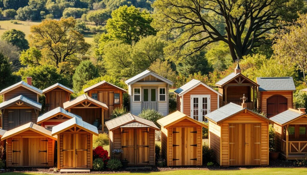 Detailed image of a variety of garden sheds and tool houses in a picturesque outdoor setting. The foreground features an assortment of compact, wooden tool sheds in different shapes, sizes, and architectural styles, including gabled, gambrel, and lean-to designs. The middle ground showcases larger, more elaborate garden houses with decorative elements like shutters, trims, and weathervanes. In the background, a lush, verdant landscape with mature trees and shrubs creates a serene, natural backdrop. The scene is bathed in warm, golden sunlight, casting soft shadows and highlighting the textures of the wooden structures. The overall mood is one of tranquility and rustic charm. Detailed image of a variety of garden sheds and tool houses in a picturesque outdoor setting. The foreground features an assortment of compact, wooden tool sheds in different shapes, sizes, and architectural styles, including gabled, gambrel, and lean-to designs. The middle ground showcases larger, more elaborate garden houses with decorative elements like shutters, trims, and weathervanes. In the background, a lush, verdant landscape with mature trees and shrubs creates a serene, natural backdrop. The scene is bathed in warm, golden sunlight, casting soft shadows and highlighting the textures of the wooden structures. The overall mood is one of tranquility and rustic charm.